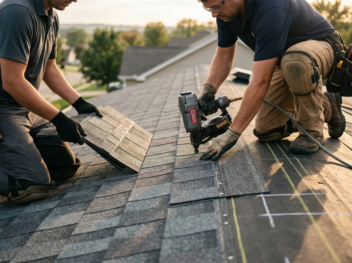 Professional roofer working on a residential roof in Depew